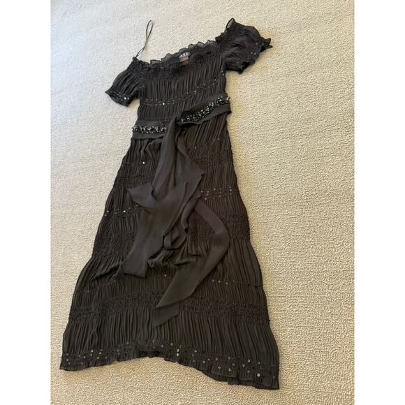 ABS Allen Schwartz Women XXS Sheer Black Sequin Beaded Tiered Ribbon Tie Dress‎ - Picture 11 of 14